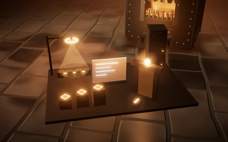 One iron floor with five parts: the chain cubes under a reader lens and its cone of light, the server rack with a barred empty key slot, the glass tab with plan rows, three program blocks with lit stamps, and the verifier gate with a transaction about to pass.