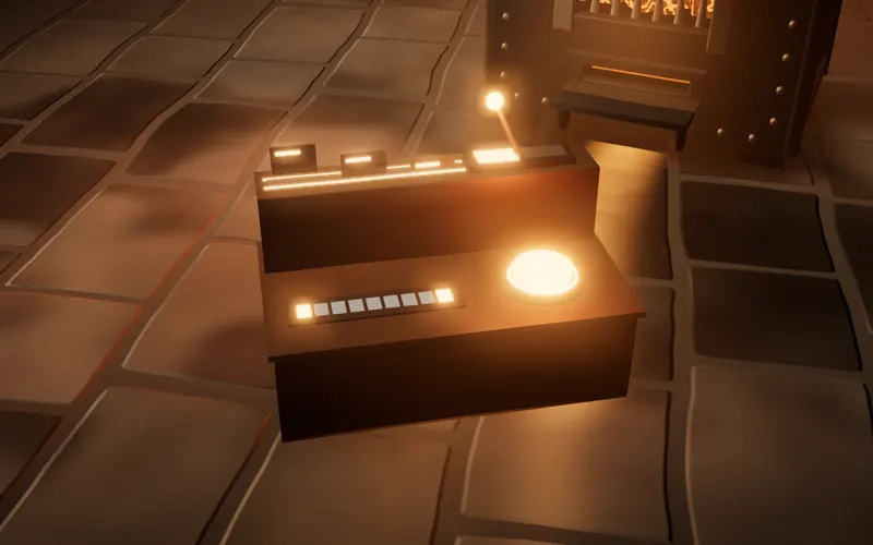 The console desk: three key cards sliding into a lit slot, a lever leaning to Gather, an address plate of nine cells, and one big lit Run button.