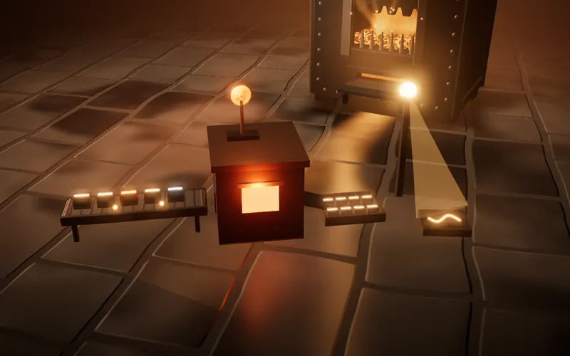 The sorting machine: a queue of transactions on a belt, the fee-payer lever with a coin at its head, a crate with eight closes in two rows, and the second-read lamp whose light falls on the signature pad.