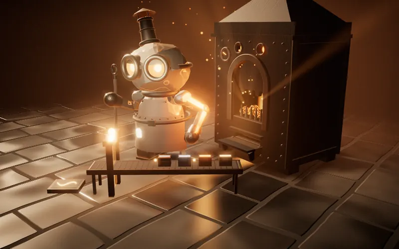 The keeper at the furnace; a belt carries four crates, close, burn, sell, send, through the verifier gate to the signature pad.