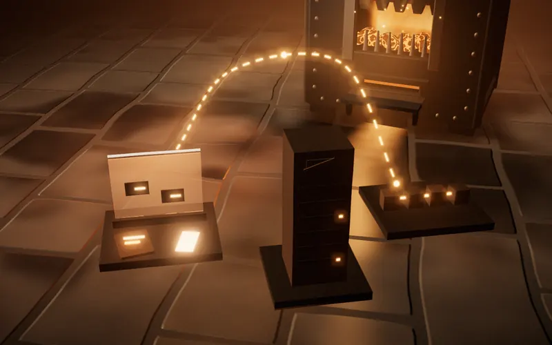 A glass pane on a plinth with key cards, a plan and a receipt; a server rack with an empty barred key slot; linked chain cubes; one lit dashed path from the pane to the chain, nothing to the server.