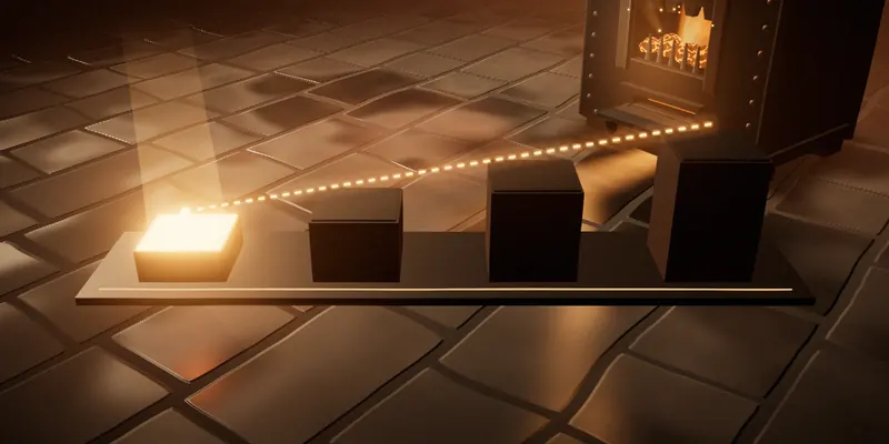 Four plinths rising on one road: the first lit with a column of light, the other three dark, a dashed light line over their tops.